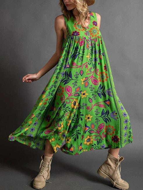 Boho Floral Wide Leg Culotte Jumpsuit - Green - 2