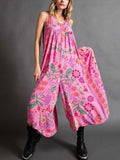 Boho Floral Wide Leg Culotte Jumpsuit - Rose Red