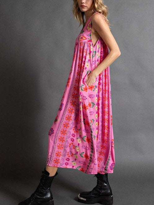 Boho Floral Wide Leg Culotte Jumpsuit - Rose Red - 2
