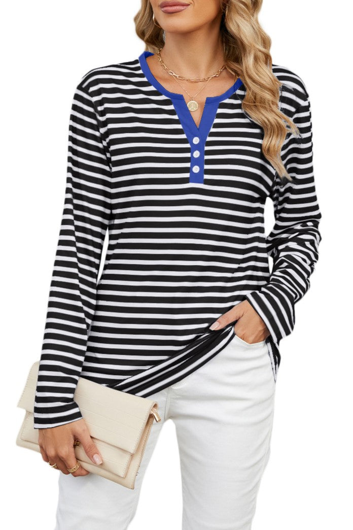 Striped Henley V Neck Long Sleeve Tee - Black