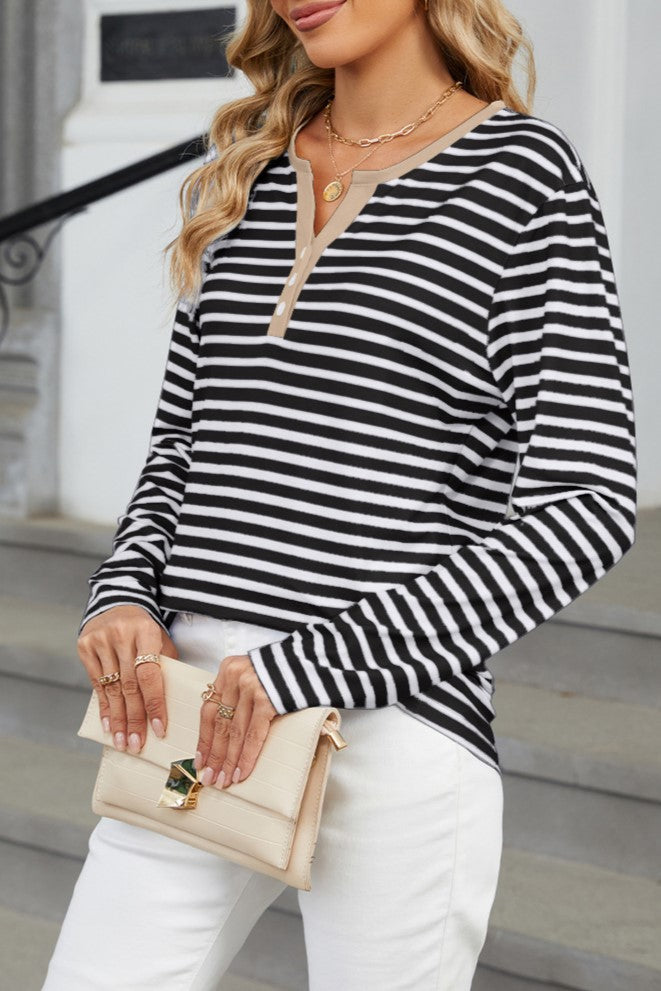 Striped Henley V Neck Long Sleeve Tee - Black - 5