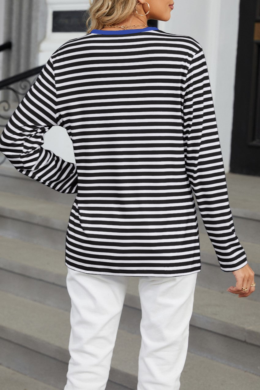 Striped Henley V Neck Long Sleeve Tee - Black - 6