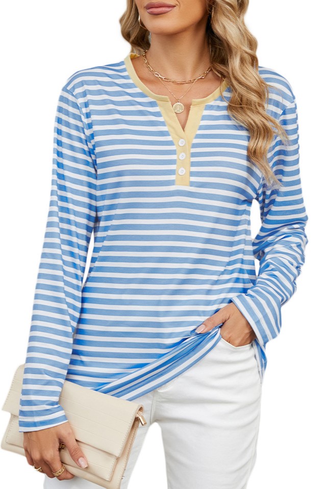 Striped Henley V Neck Long Sleeve Tee - Blue - 1