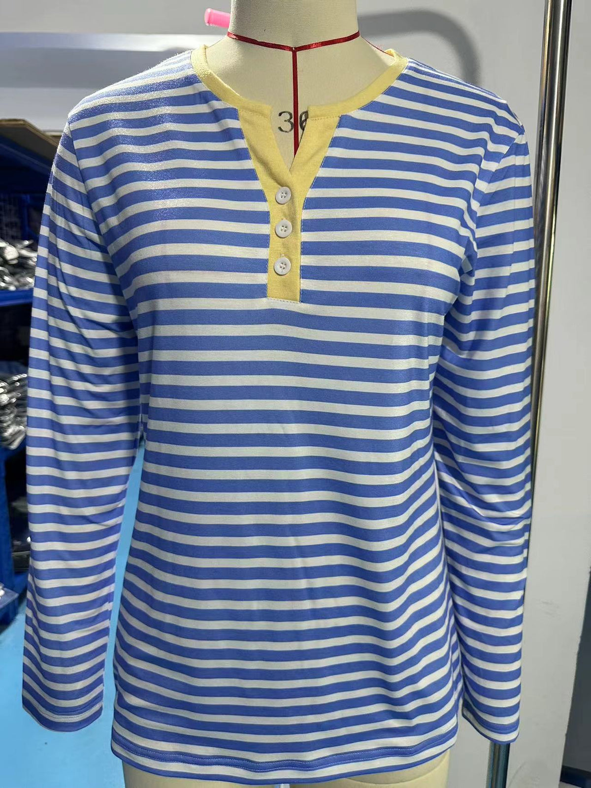 Striped Henley V Neck Long Sleeve Tee - Blue - 2