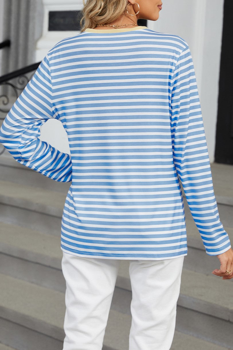 Striped Henley V Neck Long Sleeve Tee - Blue - 7