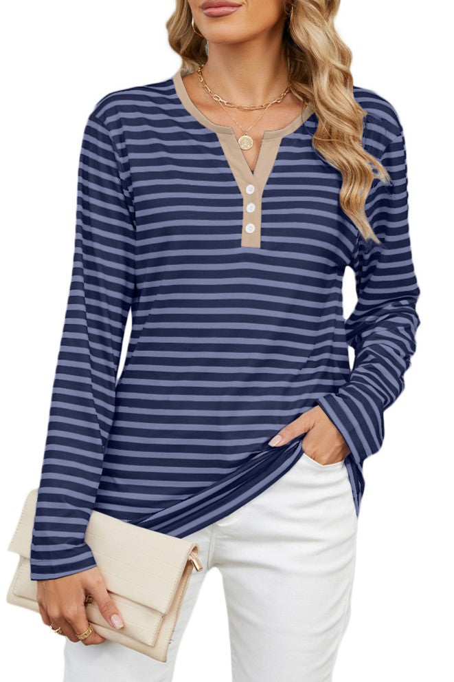 Striped Henley V Neck Long Sleeve Tee - Navy