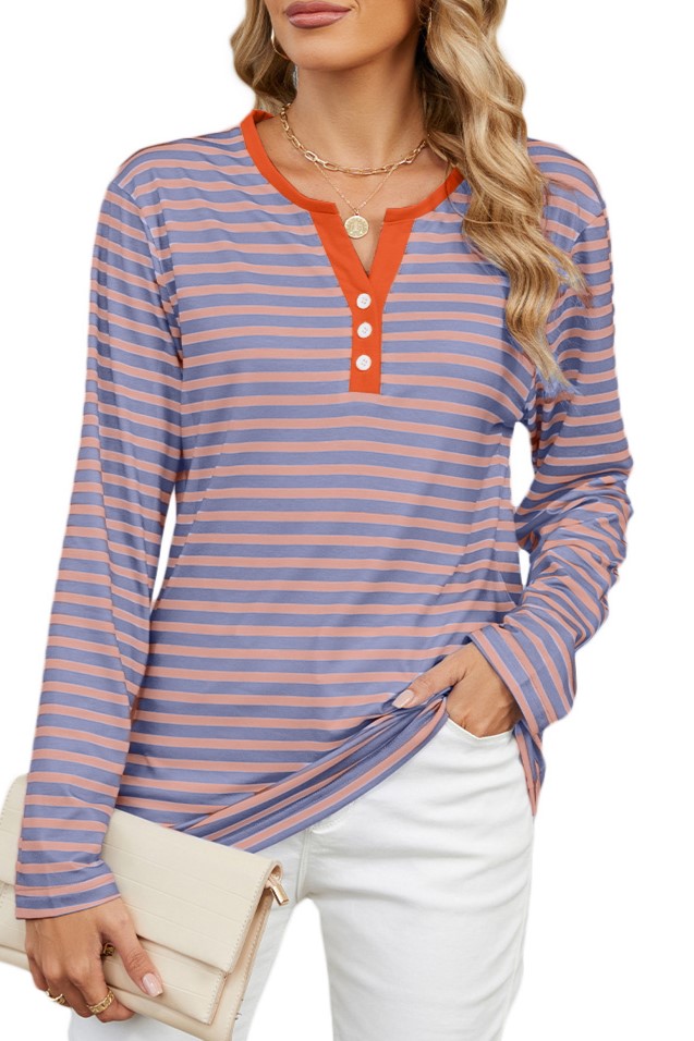 Striped Henley V Neck Long Sleeve Tee - Pink