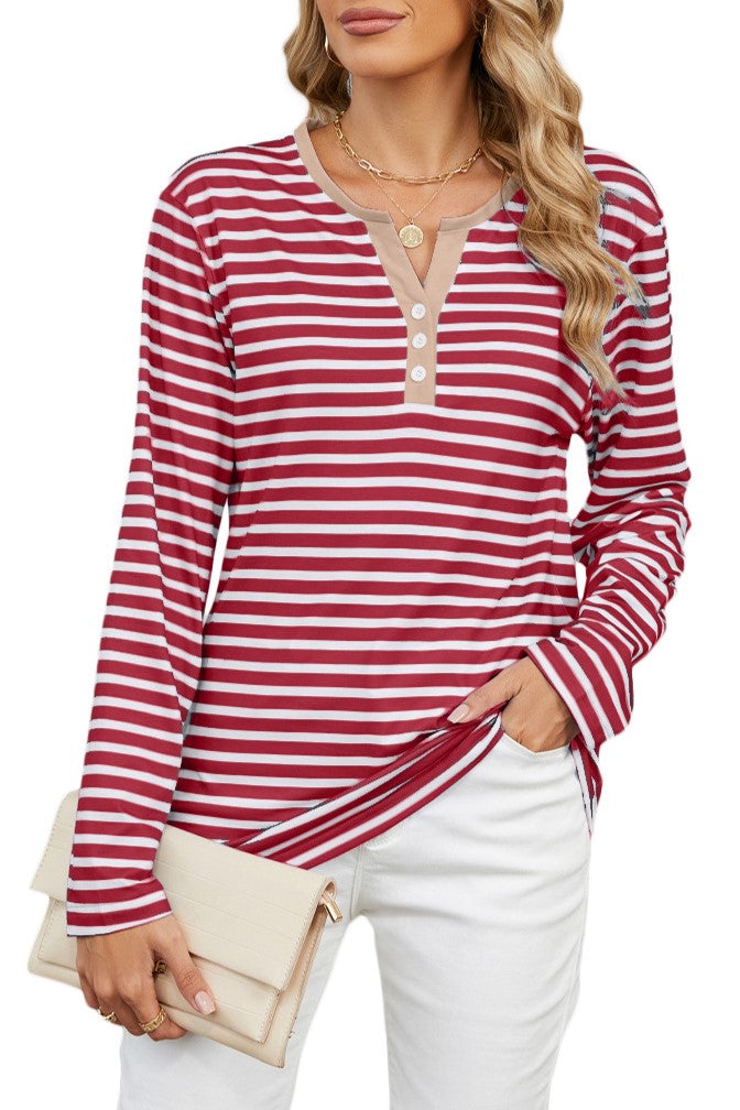 Striped Henley V Neck Long Sleeve Tee - Red