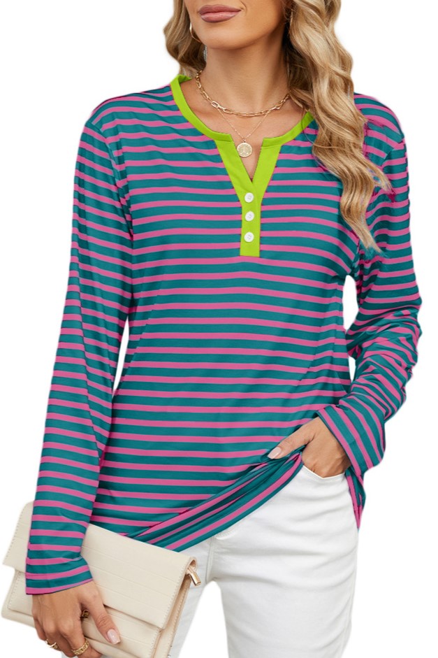 Striped Henley V Neck Long Sleeve Tee - Rose_green