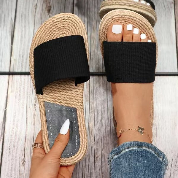Ribbed Band Espadrille Flat Sandals - Black_A