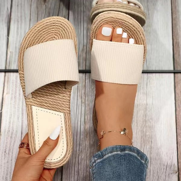 Ribbed Band Espadrille Flat Sandals - White_A
