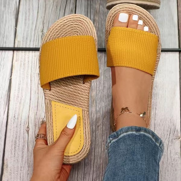 Ribbed Band Espadrille Flat Sandals - Yellow_A