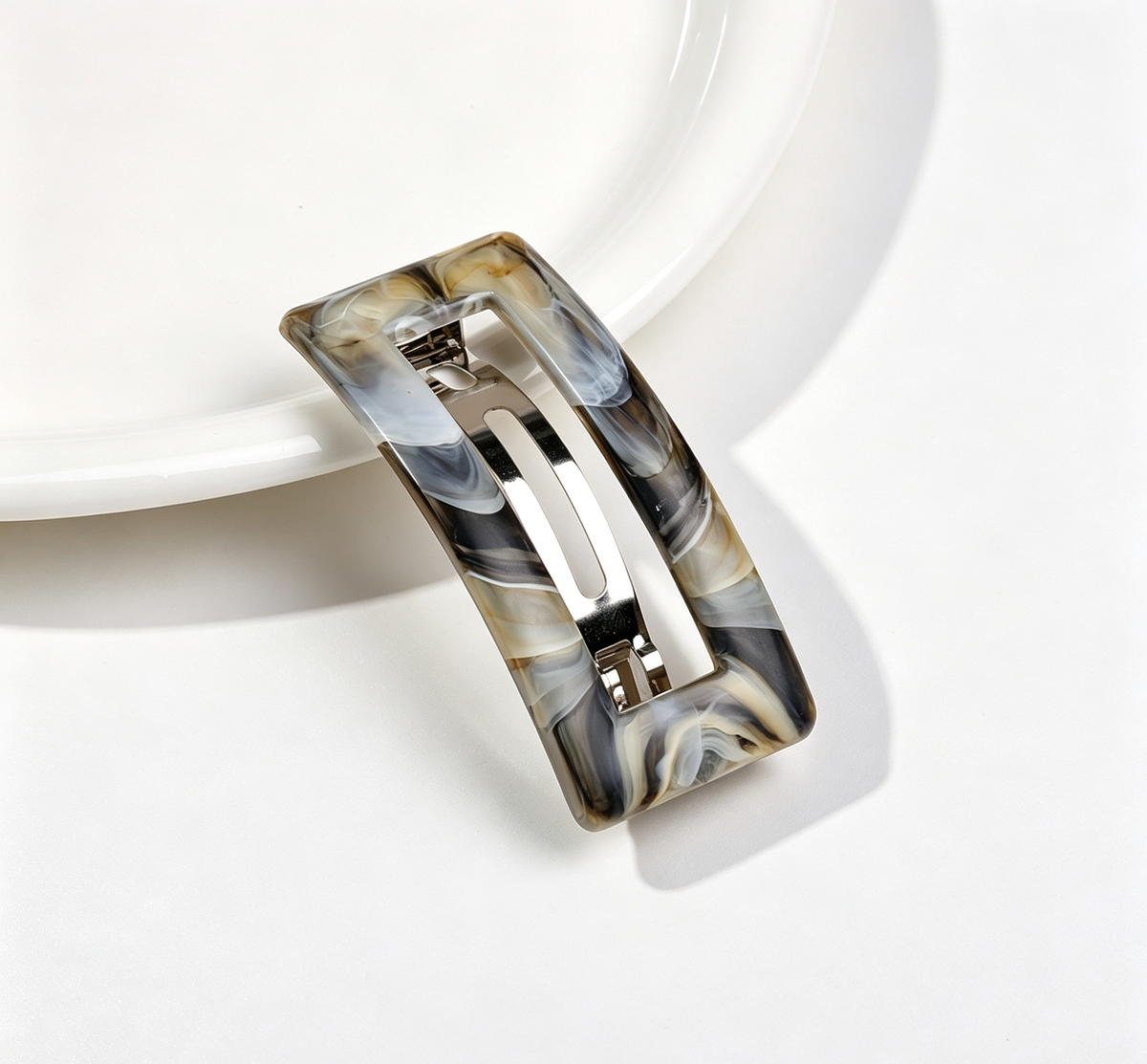 Marbled Rectangle Frame Snap Hair Clip - Black