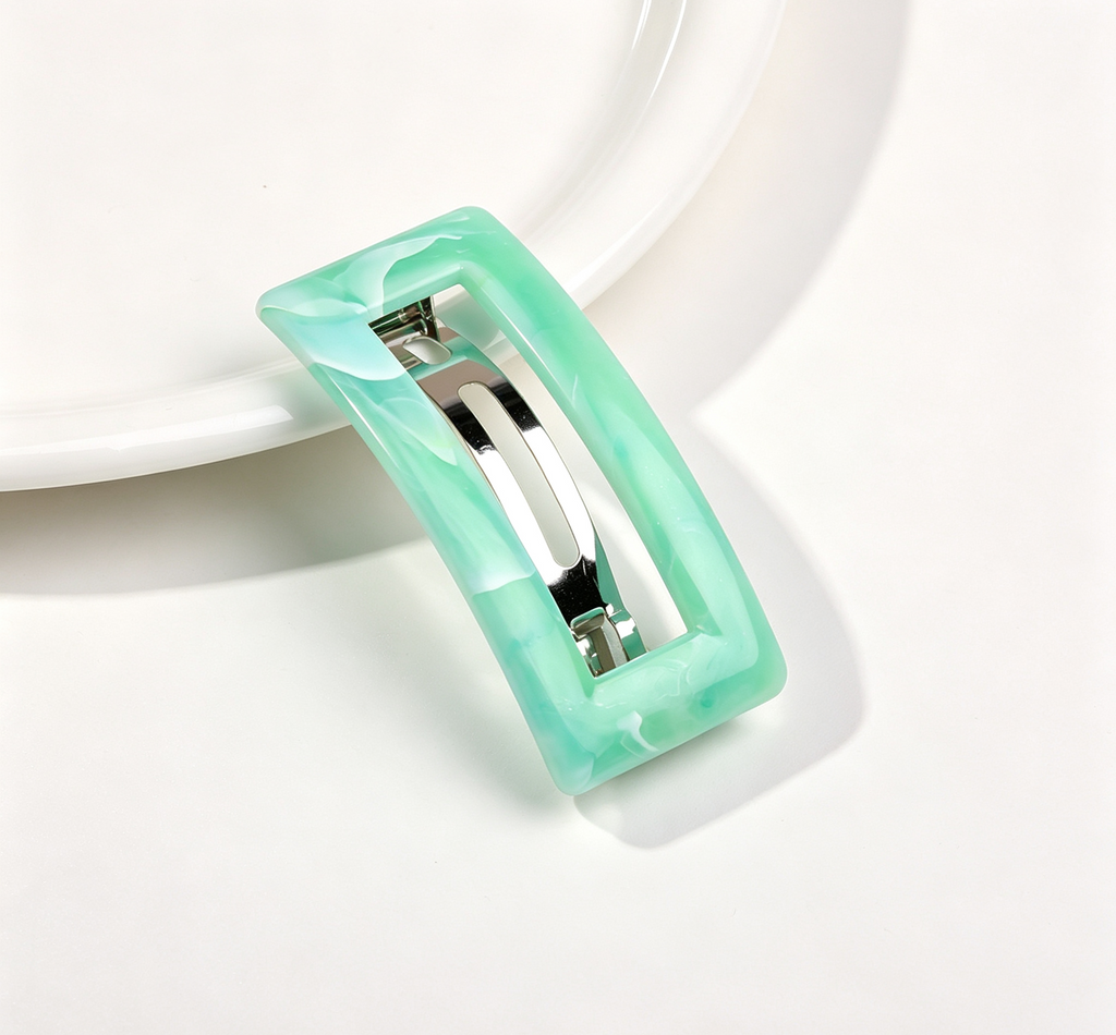 Marbled Rectangle Frame Snap Hair Clip - Emerald_Green