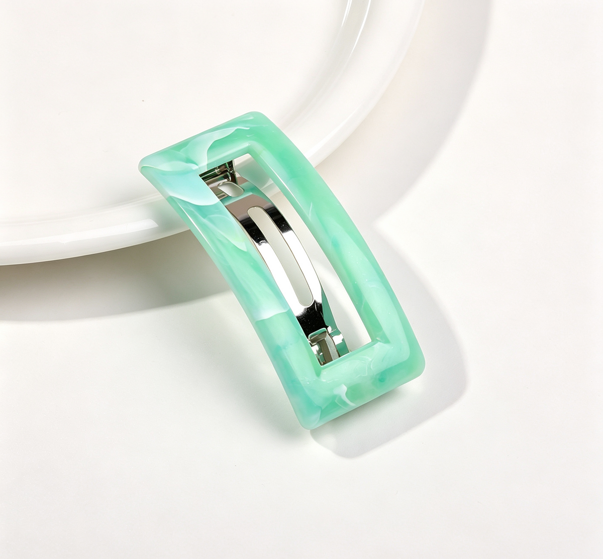 Marbled Rectangle Frame Snap Hair Clip - Emerald_Green
