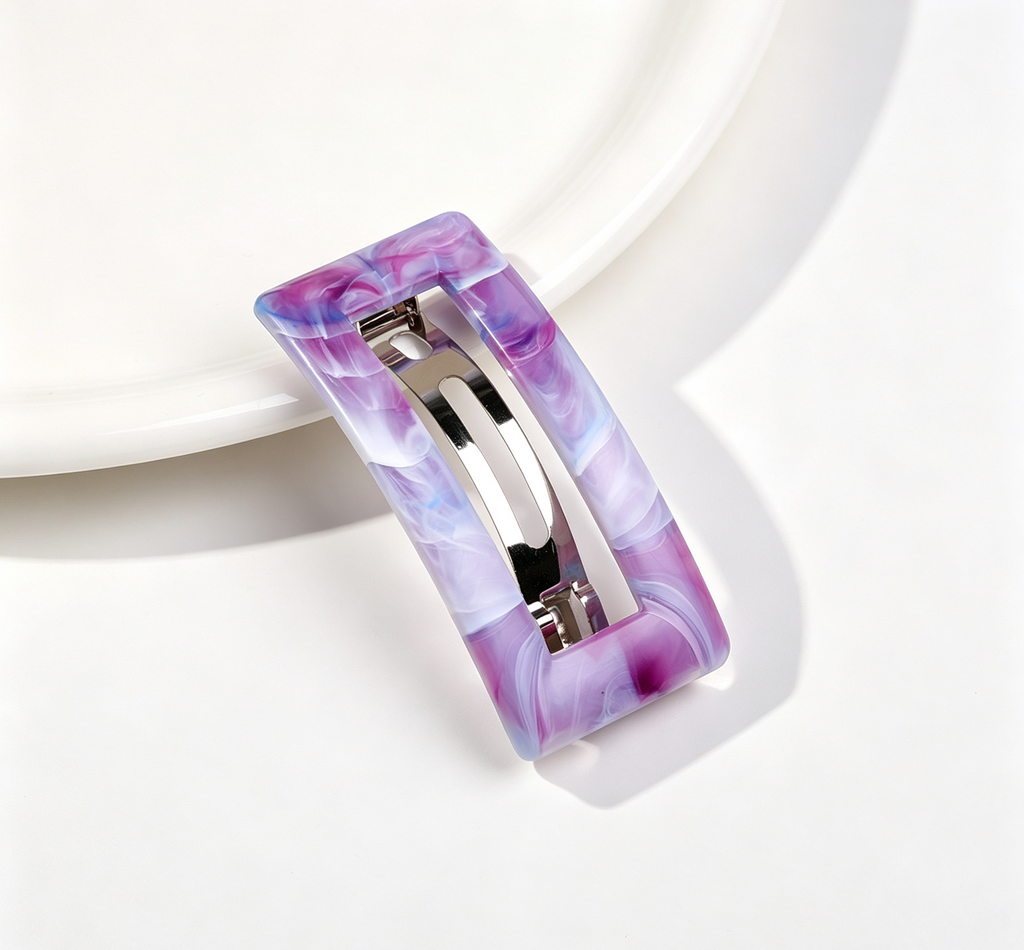 Marbled Rectangle Frame Snap Hair Clip - Purple