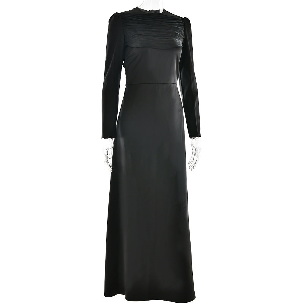 Ruched Bodice Satin Maxi Gown - Black