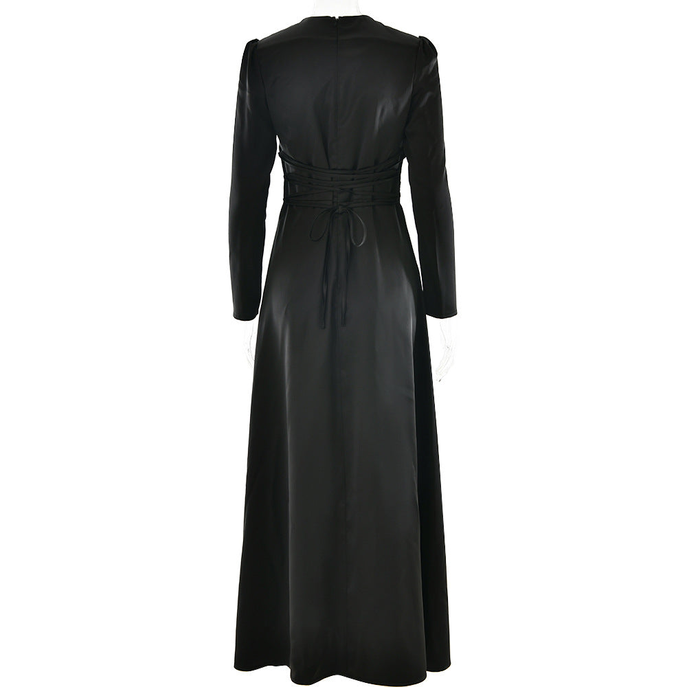 Ruched Bodice Satin Maxi Gown - Black - 1