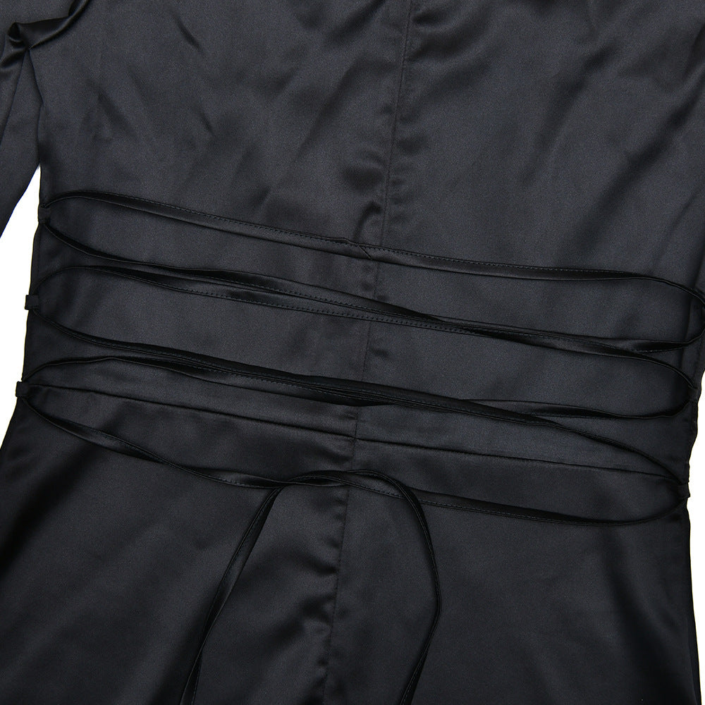 Ruched Bodice Satin Maxi Gown - Black - 3