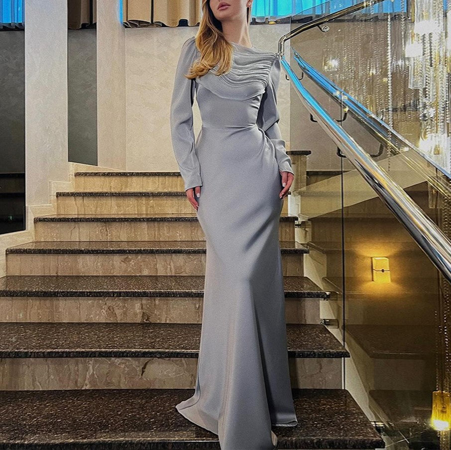 Ruched Bodice Satin Maxi Gown - Grey