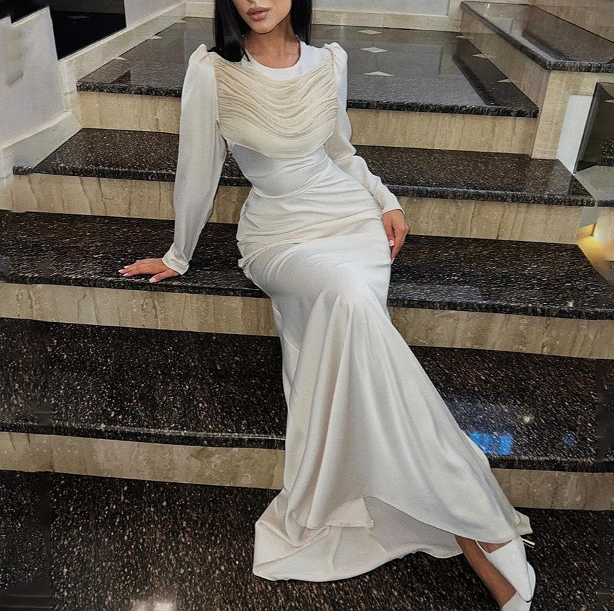 Ruched Bodice Satin Maxi Gown - White