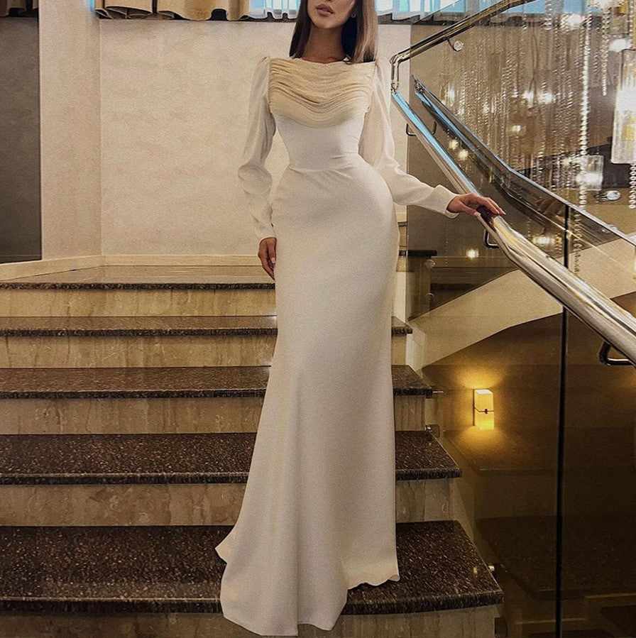 Ruched Bodice Satin Maxi Gown - White - 1