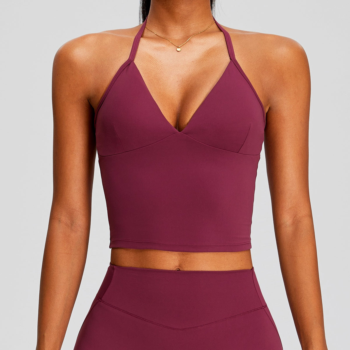 V Neck Halter Longline Padded Yoga Sports Bra - Berry