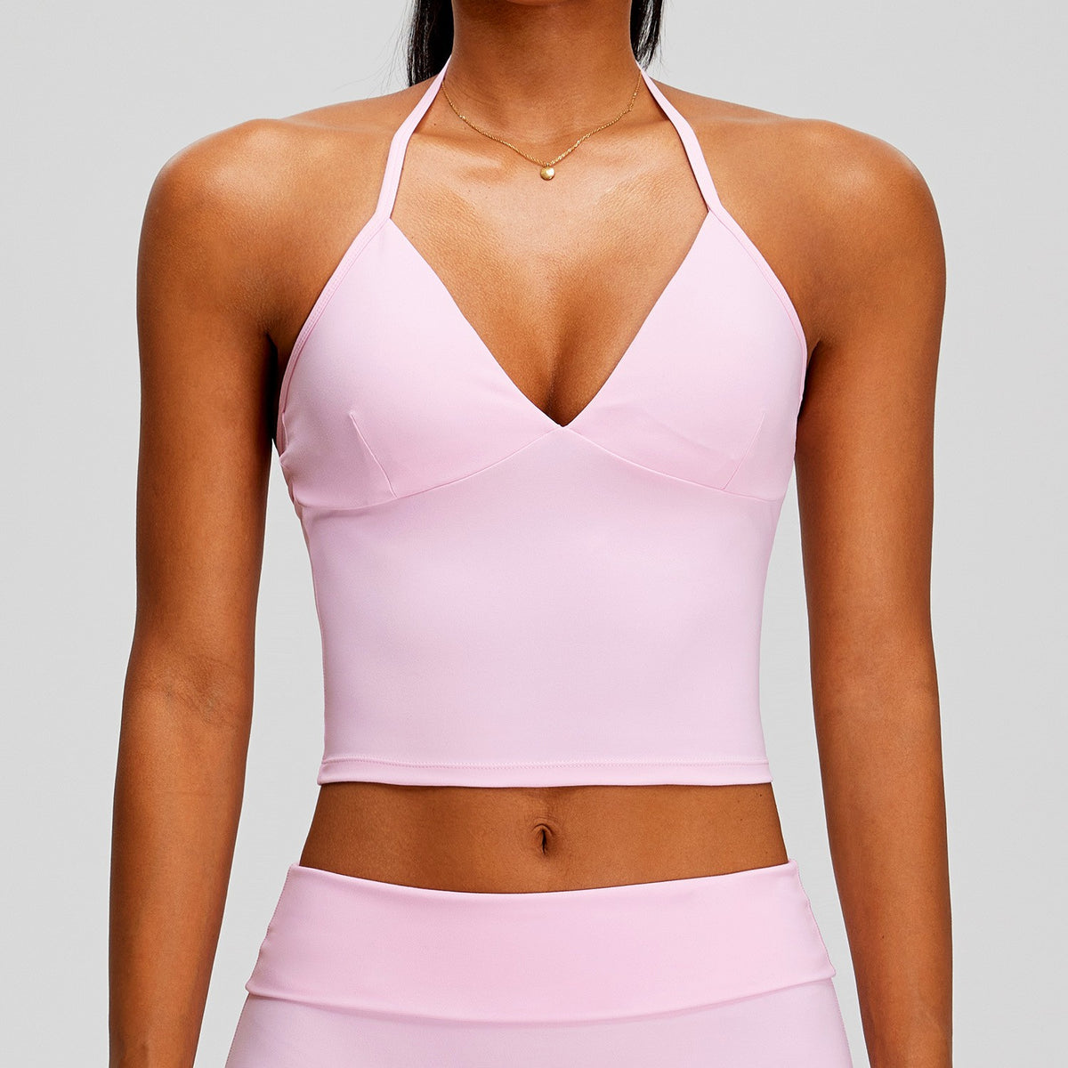 V Neck Halter Longline Padded Yoga Sports Bra - Blossom Pink