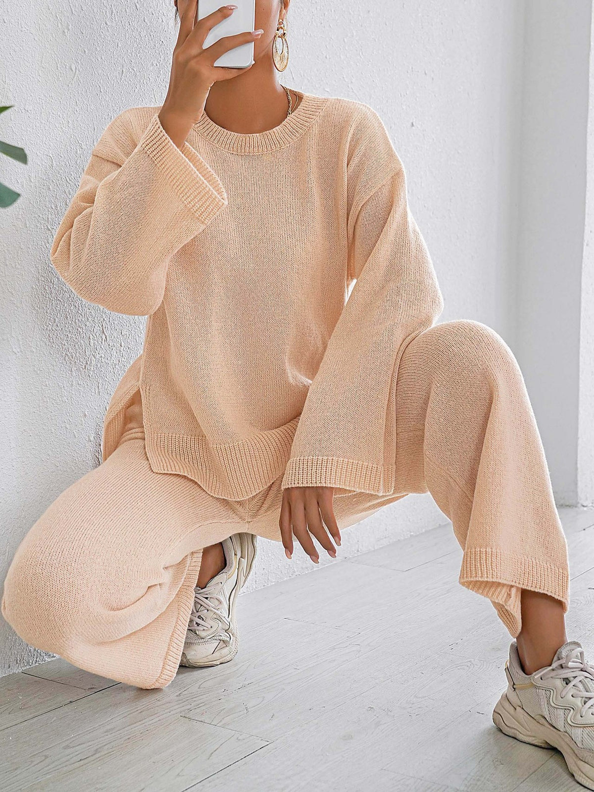 Ribbed Split Hem Top and Wide Pants Set - Apricot