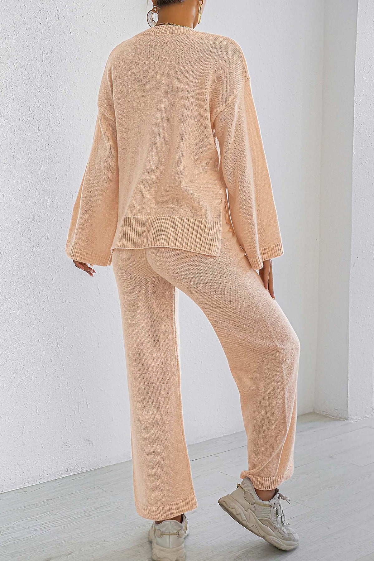 Ribbed Split Hem Top and Wide Pants Set - Apricot - 1