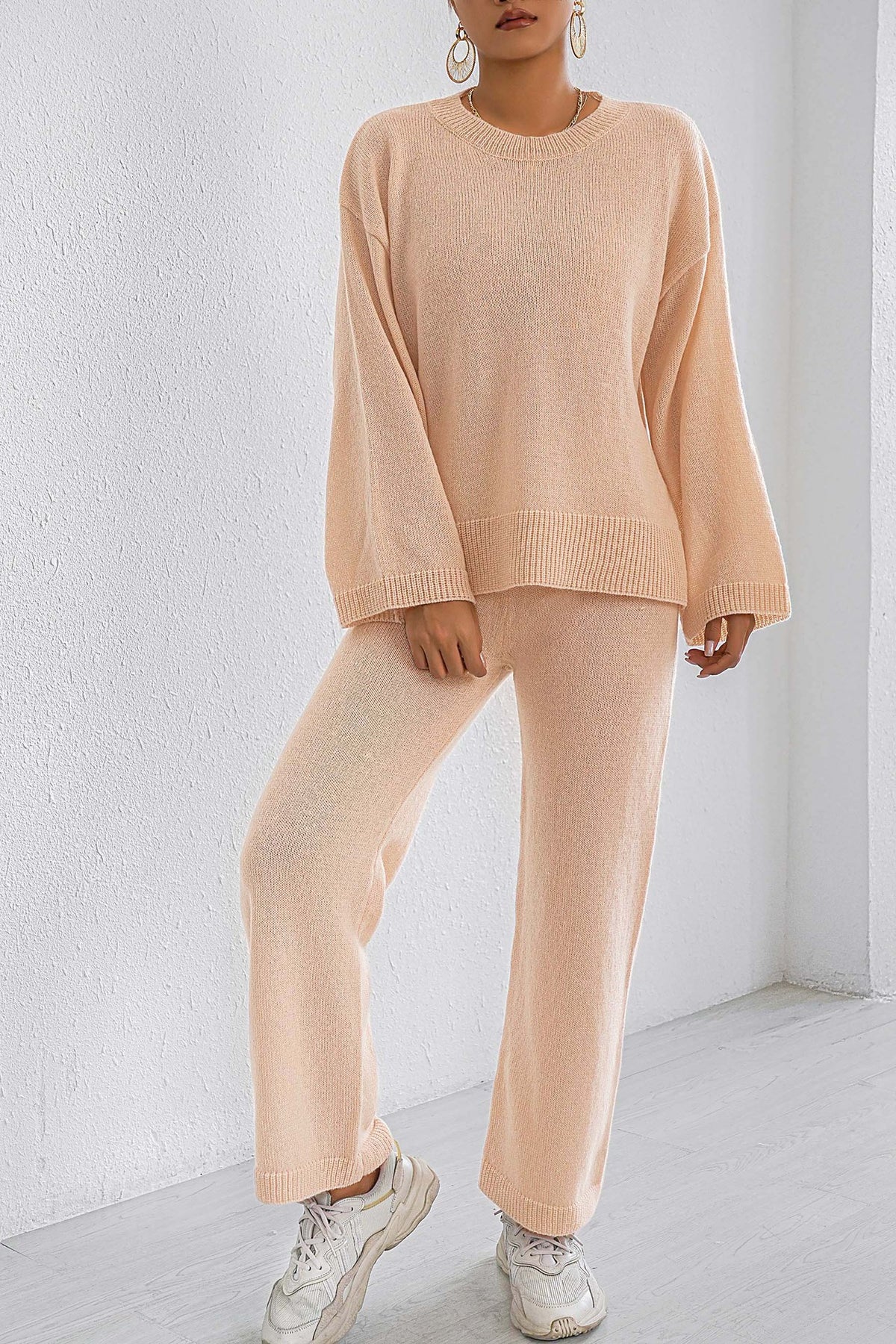 Ribbed Split Hem Top and Wide Pants Set - Apricot - 2