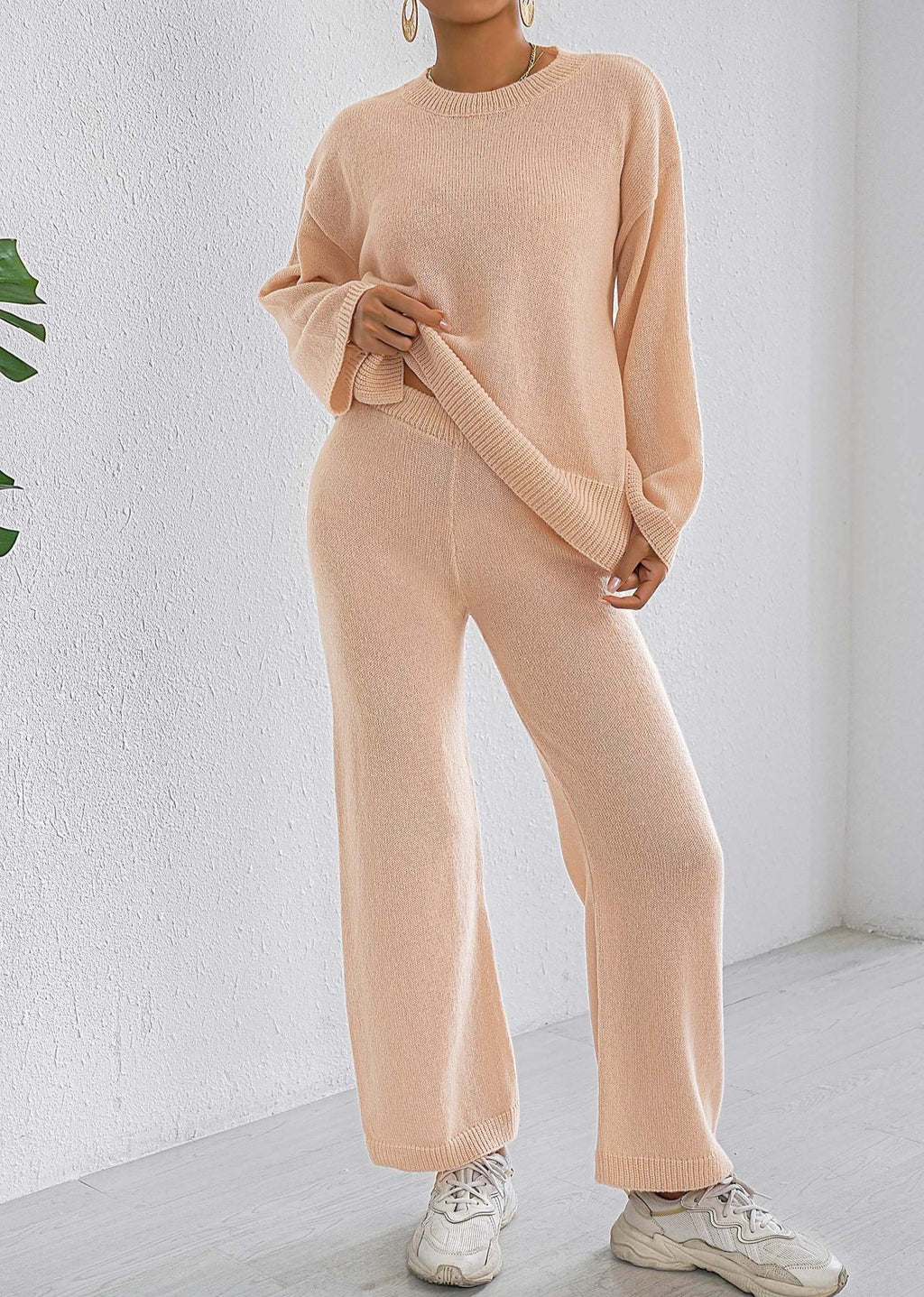 Ribbed Split Hem Top and Wide Pants Set - Apricot - 3