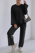 Ribbed Split Hem Top and Wide Pants Set - Black