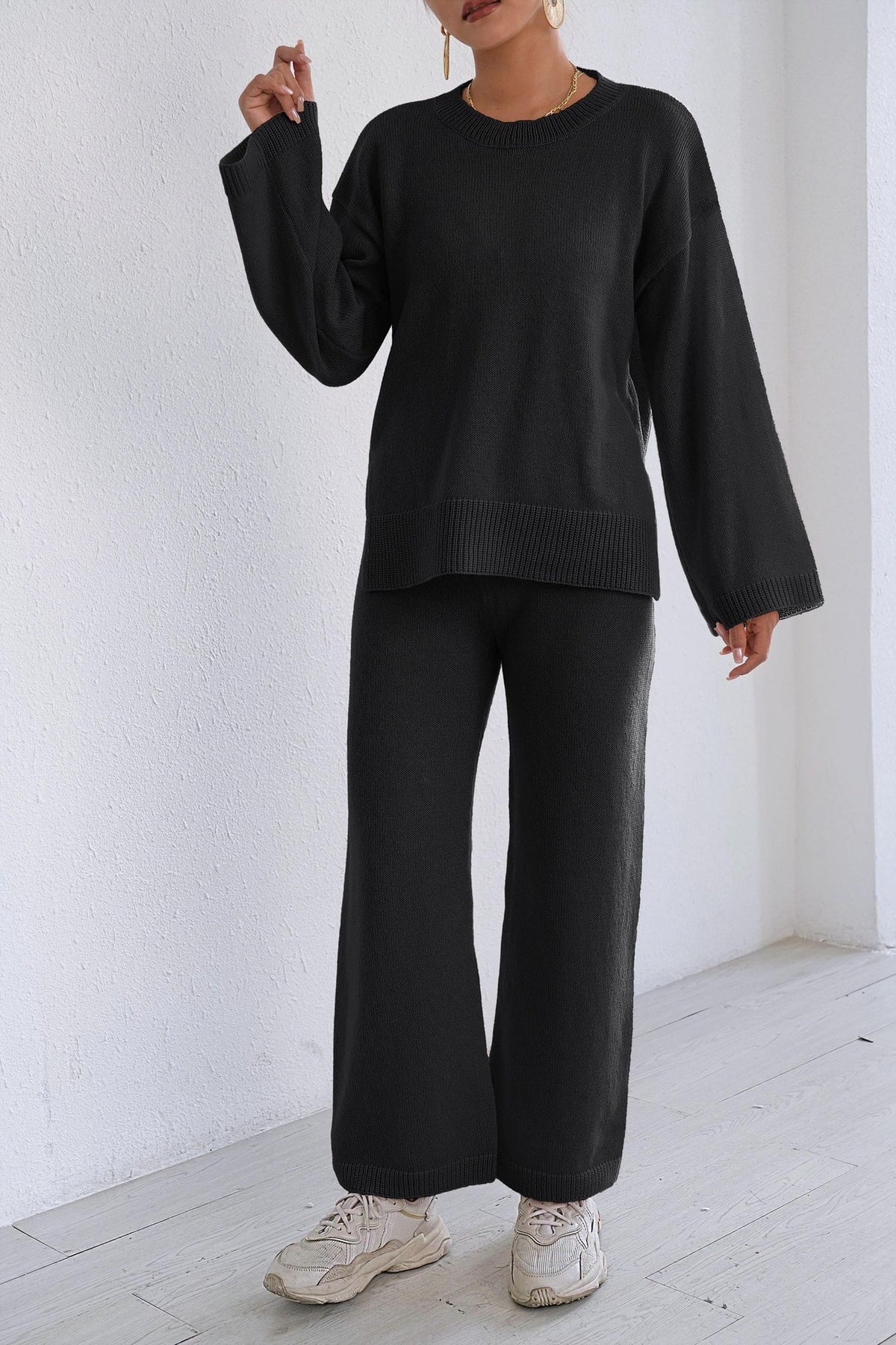 Ribbed Split Hem Top and Wide Pants Set - Black - 1