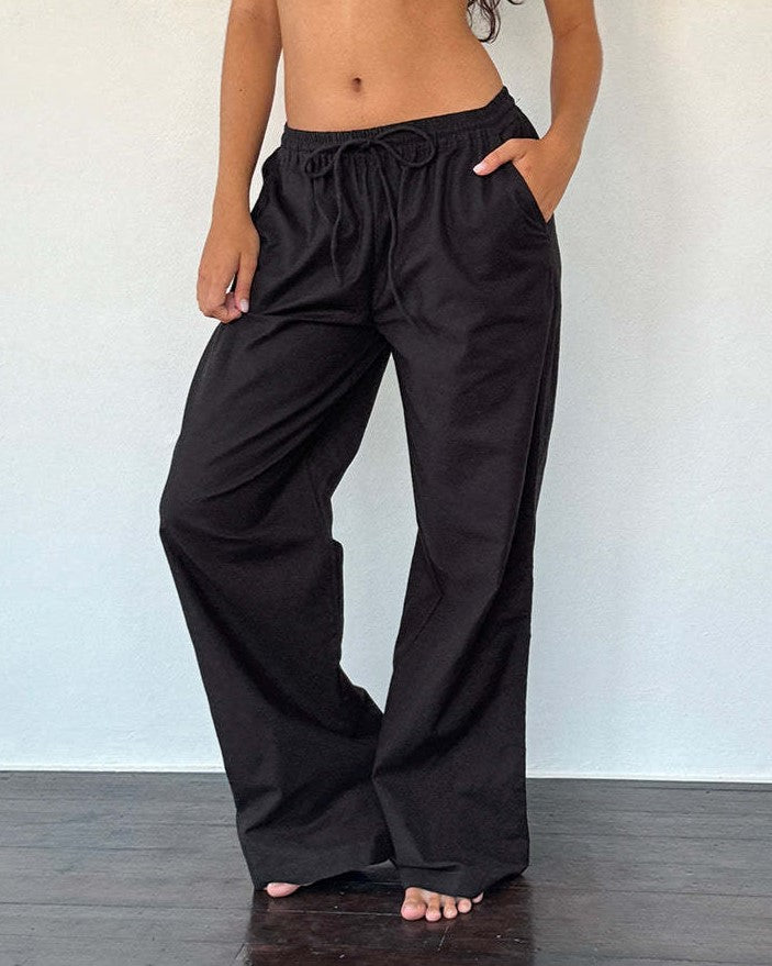 Relaxed Wide Leg Drawstring Lounge Pants - Black - 1