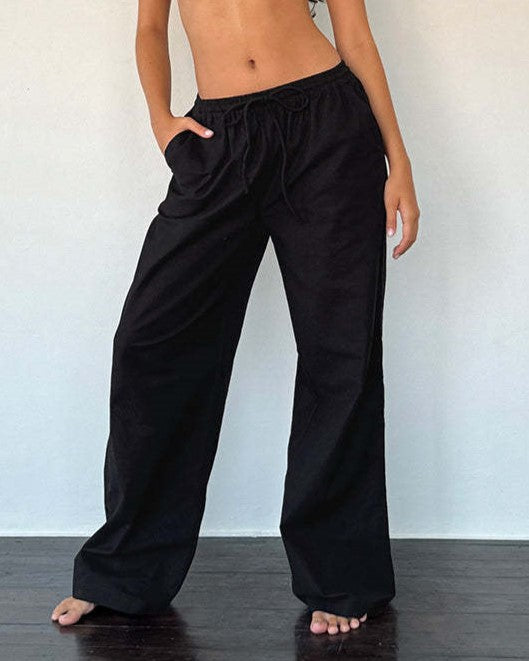 Relaxed Wide Leg Drawstring Lounge Pants - Black - 3
