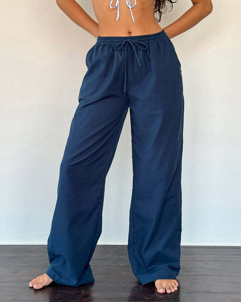 Relaxed Wide Leg Drawstring Lounge Pants - DarkBlue - 1