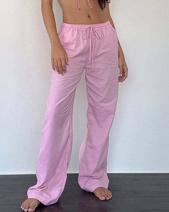 Relaxed Wide Leg Drawstring Lounge Pants - Pink - 2