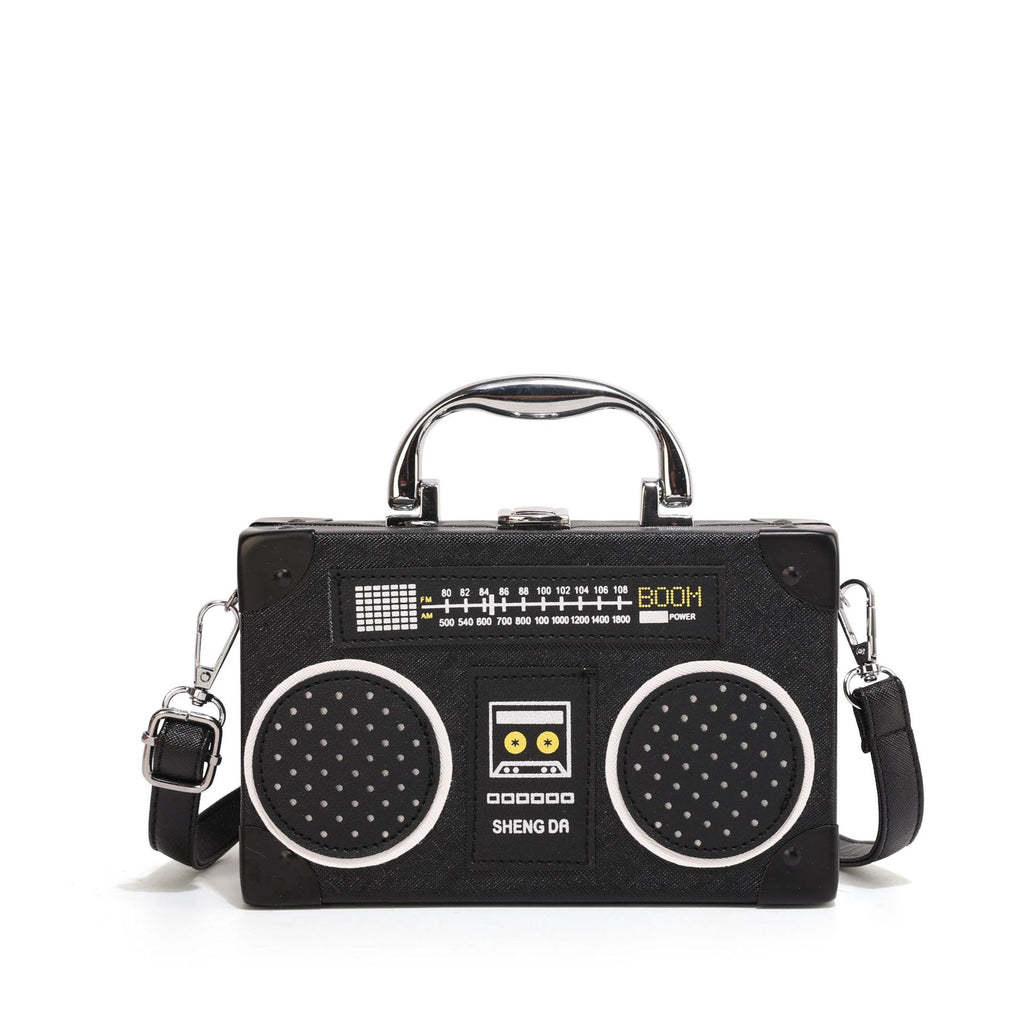 Retro Boombox Shaped Box Crossbody Bag - Black