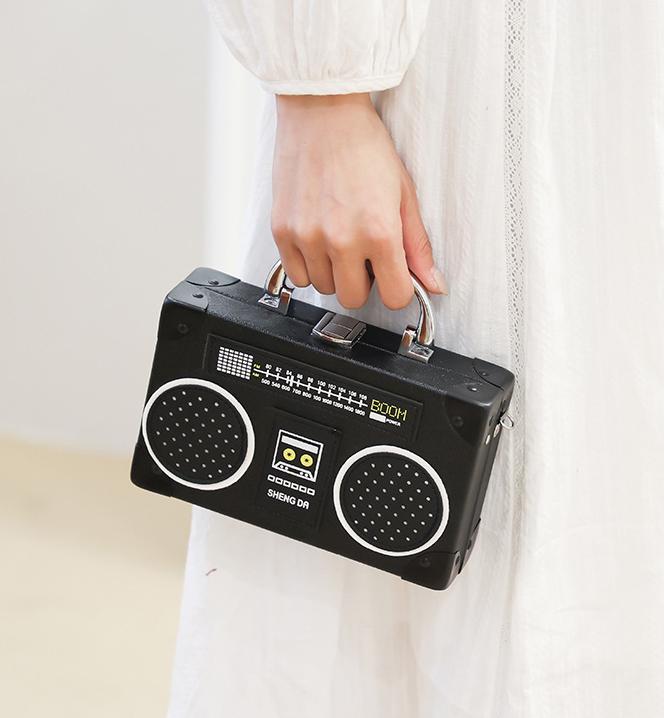 Retro Boombox Shaped Box Crossbody Bag - Black - 1