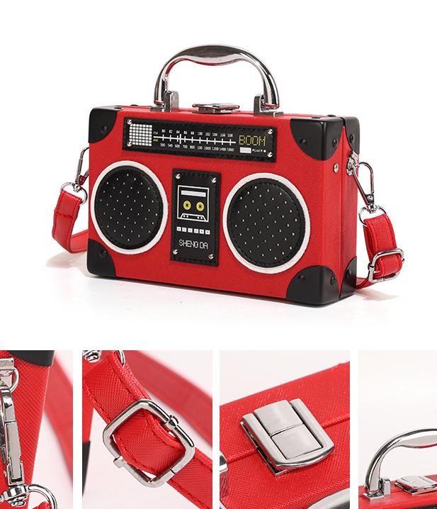 Retro Boombox Shaped Box Crossbody Bag - Red - 4