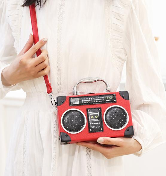 Retro Boombox Shaped Box Crossbody Bag - Red - 6