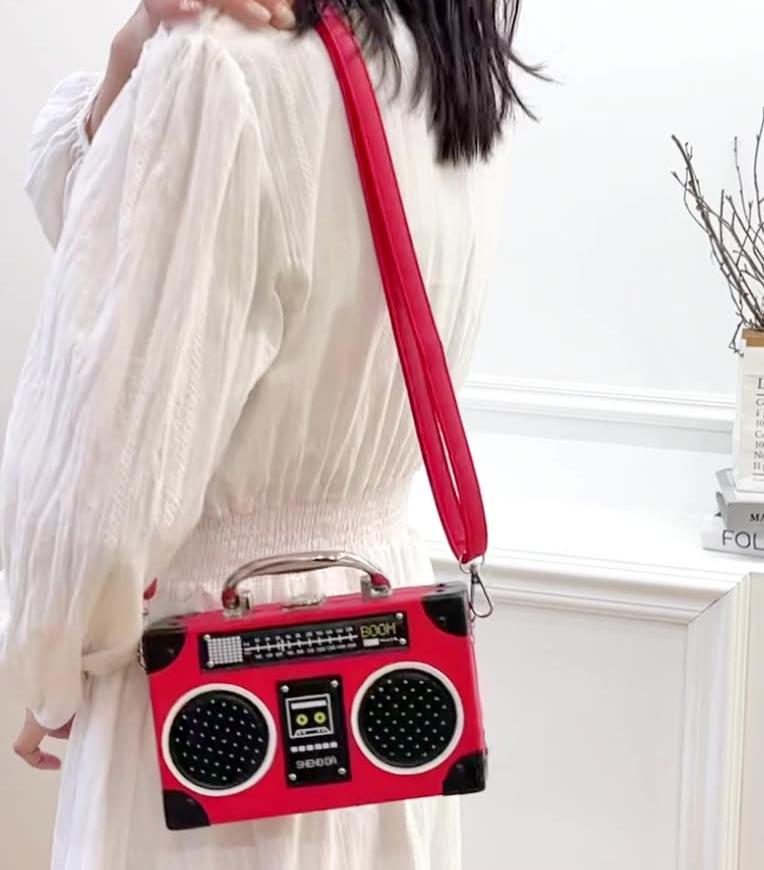 Retro Boombox Shaped Box Crossbody Bag - Red - 7