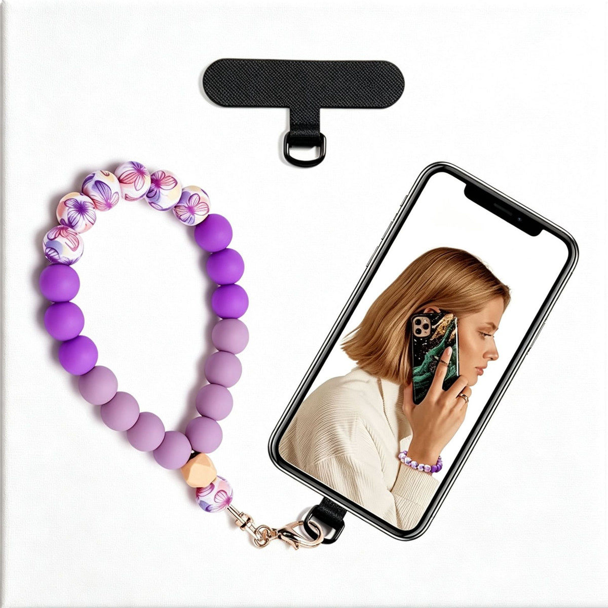 Silicone Bead Phone Wrist Lanyard with Tether Patch - Color_1