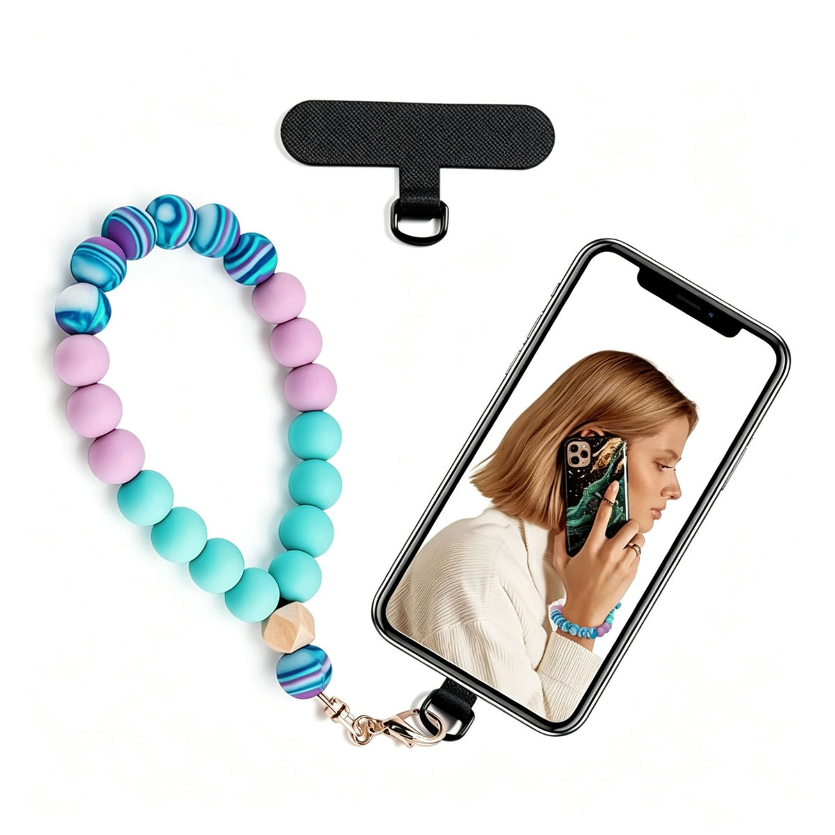 Silicone Bead Phone Wrist Lanyard with Tether Patch - Color_10