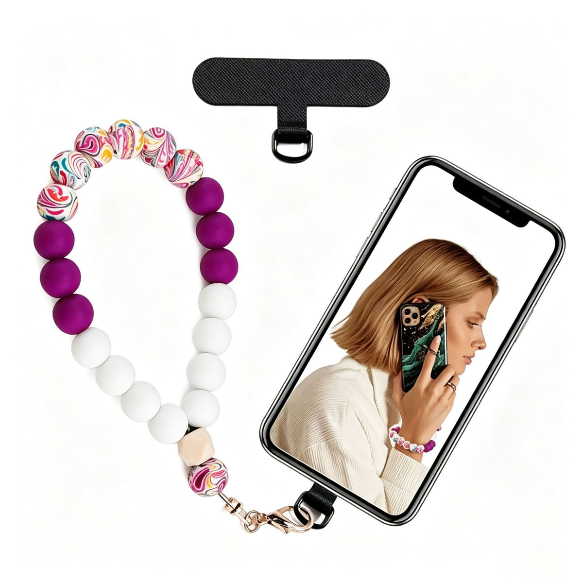 Silicone Bead Phone Wrist Lanyard with Tether Patch - Color_9