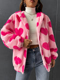 Fuzzy Heart Print Zip Up Hooded Jacket - Pink