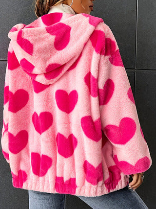 Fuzzy Heart Print Zip Up Hooded Jacket - Pink - 1