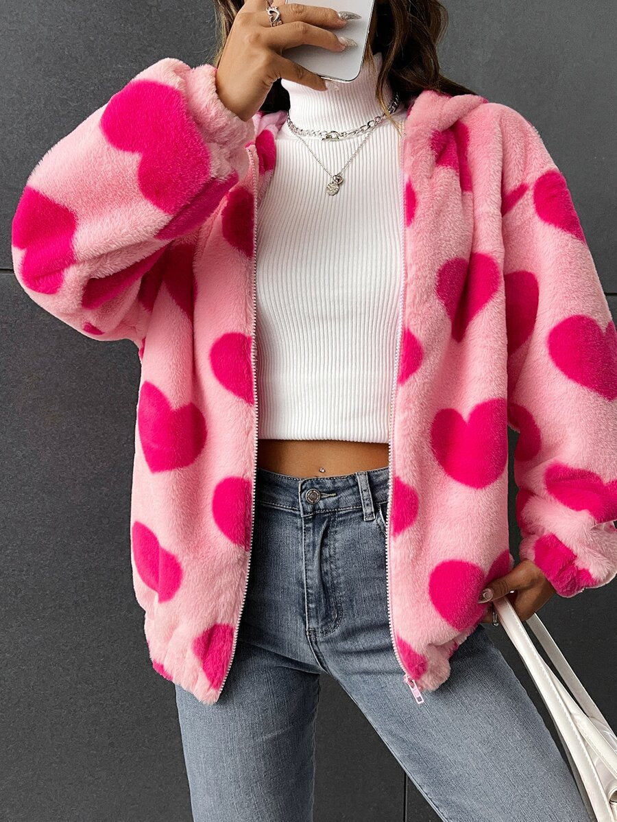 Fuzzy Heart Print Zip Up Hooded Jacket - Pink - 2