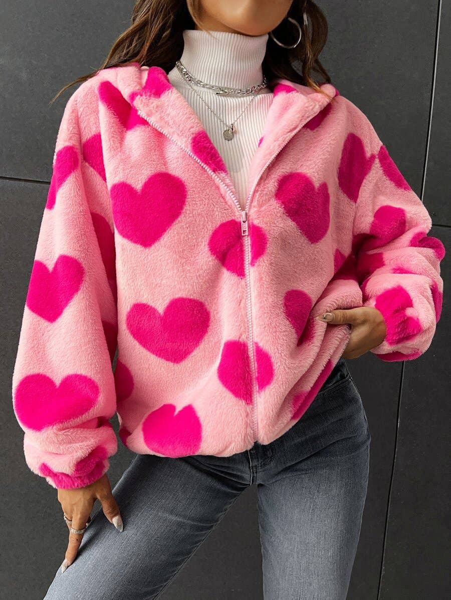 Fuzzy Heart Print Zip Up Hooded Jacket